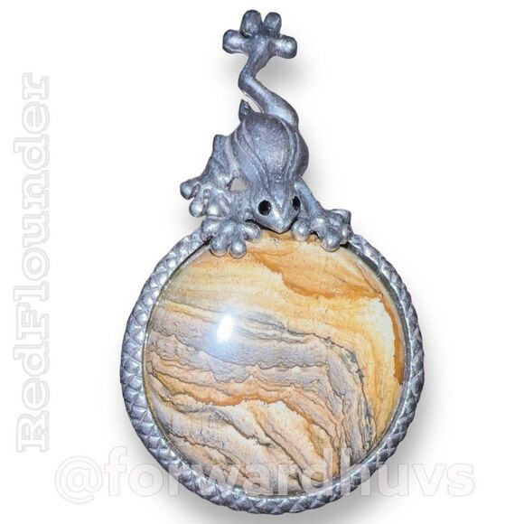 Silver Tone Frog Pendant with Large Picture Jasper Stone - Picture 3 of 8